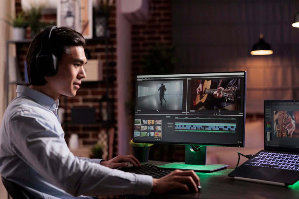 male freelancer working movie production with computer software editing film montage with audio visual effects creating multimedia content with footage color grading creative app North Karachis video editing transforms talents into opportunity.
